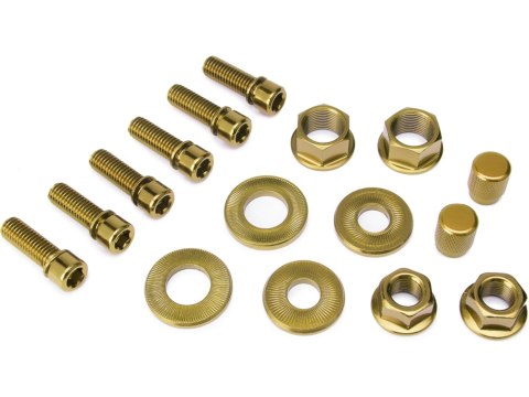 SaltBMX Salt Nut & Bolt hardware pack, gold 1 pair valve caps, 3/8" & 14 mm axle nuts, 6