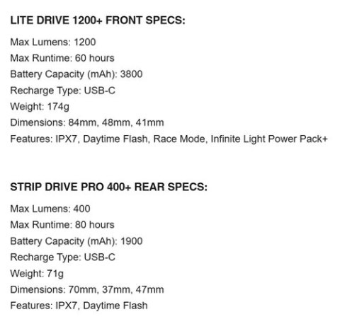LEZYNE ZESTAW LAMPEK LITE DRIVE 1200+ / STRIP DRIVE PRO 400+ PAIR SATIN BLACK / BLACK (1-LED-16P-V837)