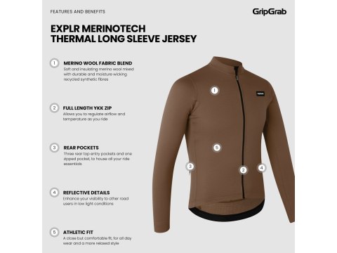GripGrab EXPLR Merinotech Thermal Long Sleeve Jersey, brown, M