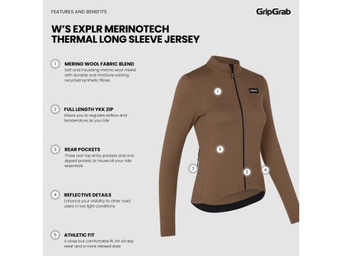 GripGrab Womens EXPLR Merinotech Thermal Long Sleeve Jersey, brown, XL