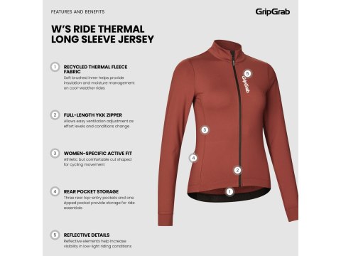 GripGrab Womens RIDE Thermal Long Sleeve Jersey, dark red, M