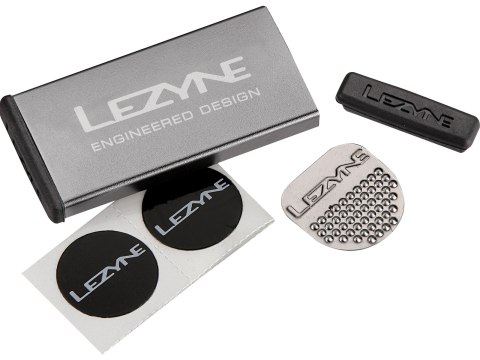 Lezyne Repair Kit Metal, Alloy Box, 6xPatch, 1xScuffer, 1xTire Boots, grey