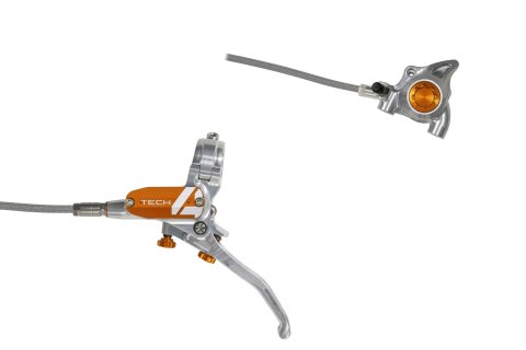 Hope lewy hamulec Tech 4 X2 Flatmount - Brak tarczy - Srebrny/Pomarańczowy - Stalowy oplot